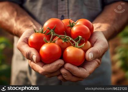 Farmer holding in his hand some tomatoes freshly picked from the ground.. Farmer holding in his hand some tomatoes freshly picked from the ground