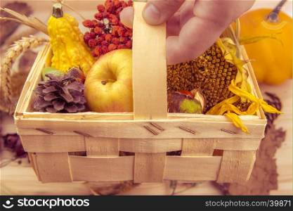 Farmer holding with its hand a small wooden basket full with agricultural products.