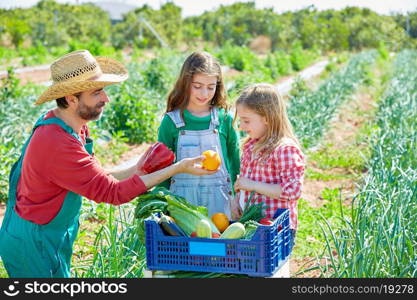 Farmer man showing vegetables harvest to kid girls in orchard