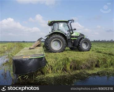 farmer mows green grassy meadow in landscape near utrecht in holland under blue sky