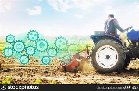 Farmer on a tractor cultivates a farm field and technological innovation gears hologram. Science of agronomy. Farming and agriculture startups. Improving efficiency. Soil milling, crumbling and mixing