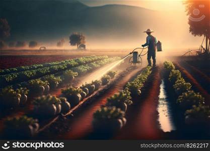 Farmer watering his plants. Neural network AI generated art. Farmer watering his plants. Neural network AI generated