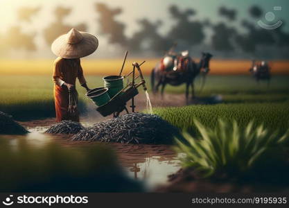 Farmer watering his plants. Neural network AI generated art. Farmer watering his plants. Neural network AI generated