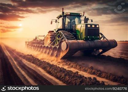 Farmer with tractor seeding sowing crops at agricultural field. Plants, wheat. Neural network AI generated art. Farmer with tractor seeding sowing crops at agricultural field. Plants, wheat. Neural network AI generated