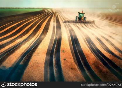 Farmer with tractor seeding sowing crops at agricultural field. Plants, wheat. Neural network AI generated art. Farmer with tractor seeding sowing crops at agricultural field. Plants, wheat. Neural network AI generated