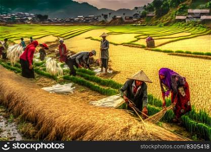 Farmers are planting rice in the farm. Farmers bend to grow rice.Agriculture in asia. Cultivation using people. Neural network AI generated art. Farmers are planting rice in the farm. Farmers bend to grow rice.Agriculture in asia. Cultivation using people. Neural network AI generated