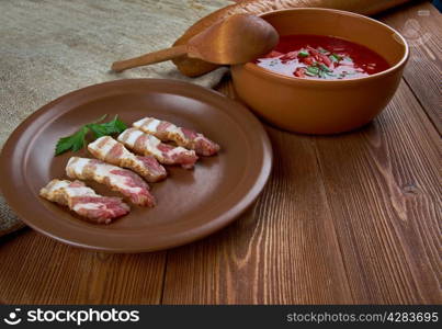 farmhouse kitchen lunch uncooked dried bacon and beet soup