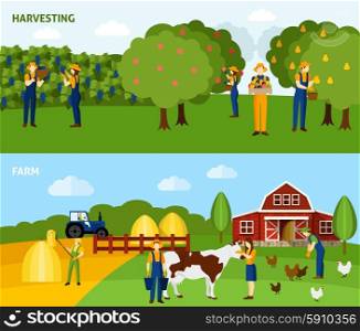 Farming 2 flat horizontal banners composition. Orchard crops harvesting and livestock forage production 2 flat horizontal banners composition poster abstract isolated vector illustration