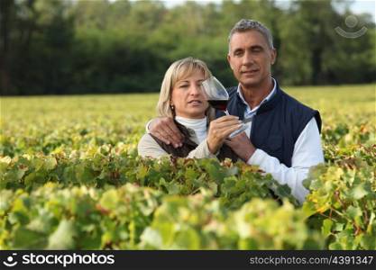 Farming couple holding glass of wine in vineyard