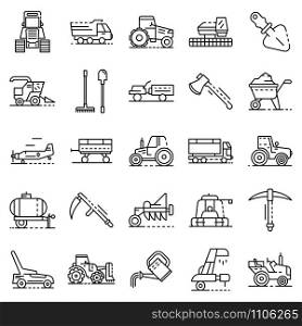 Farming equipment icon set. Outline set of farming equipment vector icons for web design isolated on white background. Farming equipment icon set, outline style