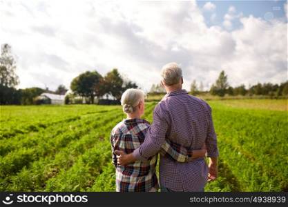 farming, gardening, agriculture and people concept - happy senior couple at summer farm. happy senior couple at summer farm