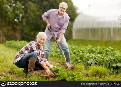 farming, gardening, agriculture and people concept - happy senior couple working in garden at summer farm