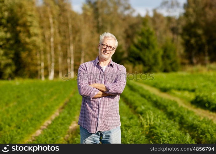 farming, gardening, agriculture and people concept - happy senior man at farm