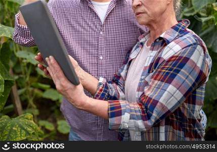 farming, gardening, agriculture and people concept - senior couple with tablet pc computer at farm greenhouse. senior couple with tablet pc at farm greenhouse