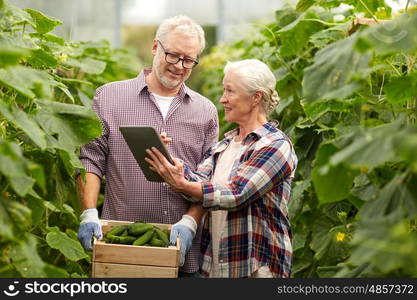 farming, gardening, agriculture, harvesting and people concept -happy senior couple with box of cucumbers and tablet pc computer at farm greenhouse