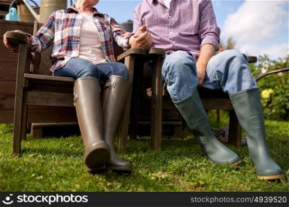 farming, gardening, old age and people concept - happy senior couple at summer farm. happy senior couple at summer farm