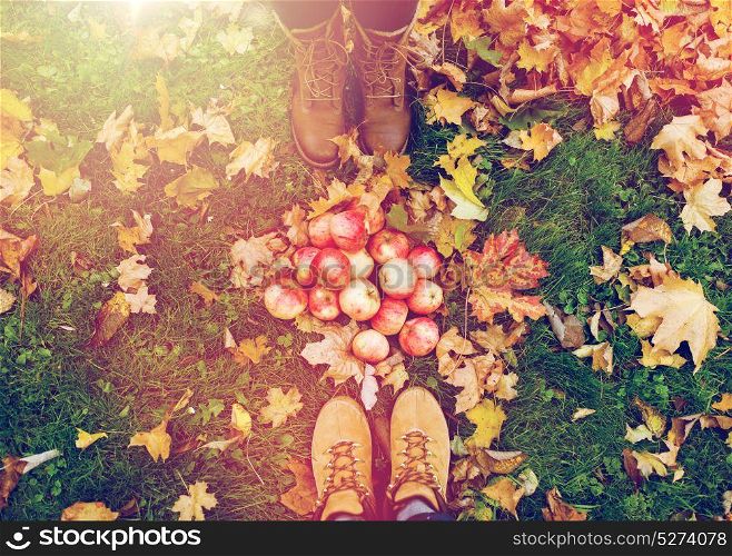 farming, season, gardening, harvesting and people concept - couple of feet in boots with apples and autumn leaves on grass. feet in boots with apples and autumn leaves