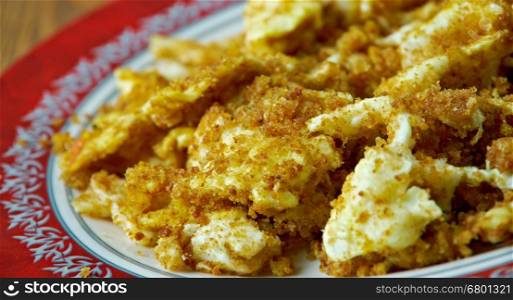 Farofa de ovos egg with flour or cassava.Latin Kitchen