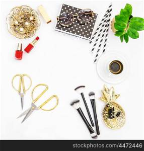 Fashion accessories, cosmetics, coffee and green plant. Flat lay for feminine website, bloggers, social media