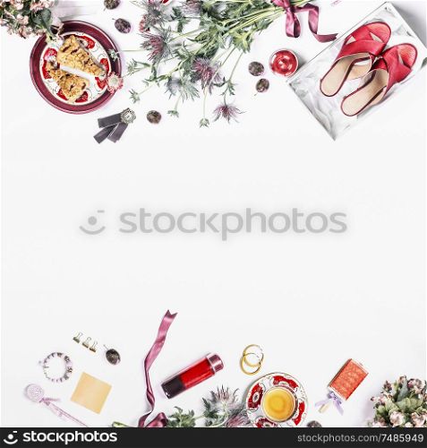 Fashion and beauty modern layout frame with woman high heels in box, cosmetics, perfume, flowers bunch, cakes and bijou on white desk background. Top view. Flat lay. Blog template