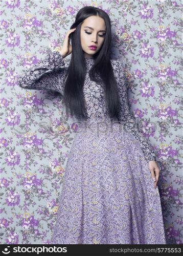 Fashion art photo of beautiful elegant lady on floral background. Spring/Summer