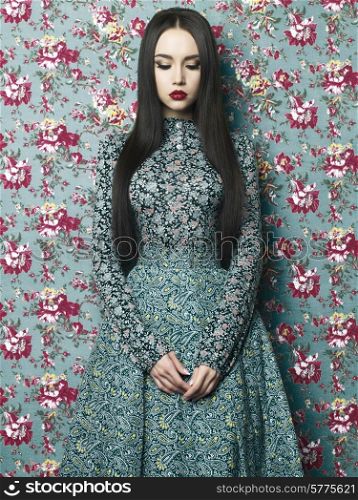 Fashion art photo of beautiful elegant lady on floral background. Spring/Summer