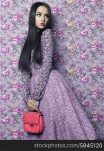 Fashion art photo of beautiful elegant lady on floral background. Spring-Summer