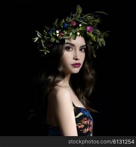 Fashion art photo of beautiful lady in flower diadem. Spring/Summer