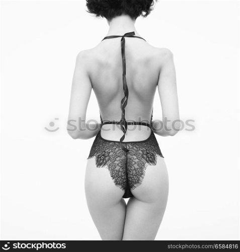 Fashion art photo of beautiful sensual woman in black lace lingerie. Designer underwear