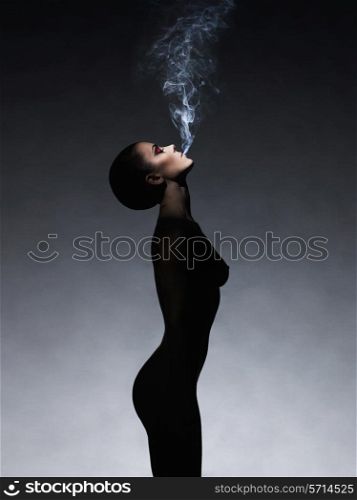 Fashion art photo of beautiful smokes lady with gorgeous body