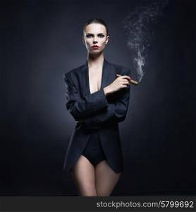 Fashion art photo of beautiful smokes lady with gorgeous body