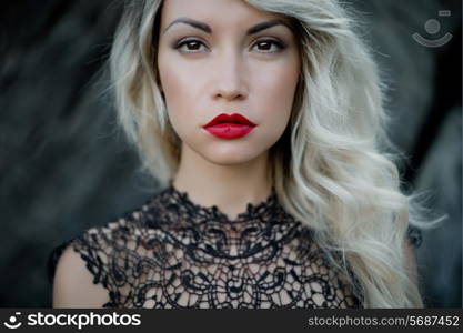 Fashion art photo of beautiful woman with red lipstick