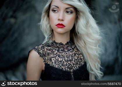 Fashion art photo of beautiful woman with red lipstick