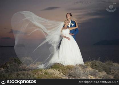 Fashion art photo of bride and groom on the seashore. Wedding