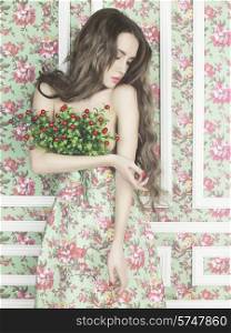 Fashion art photo of elegant lady on floral background