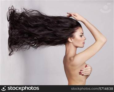 Fashion art photo of elegant naked lady with long healthy hair