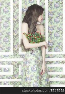 Fashion art photo of sensual elegant lady on floral background