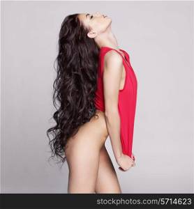 Fashion art photo of sexy naked lady with long healthy hair