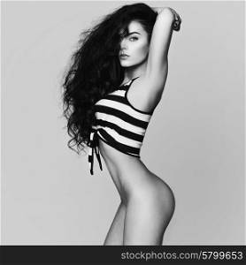 Fashion art photo of sexy naked lady with long healthy hair