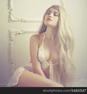 Fashion art photo of young sensual lady in classical interior
