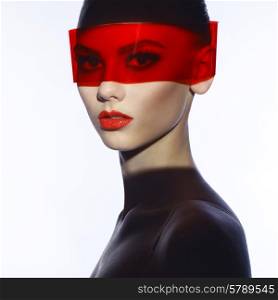 Fashion art studio photo of beautiful elegant futuristic lady