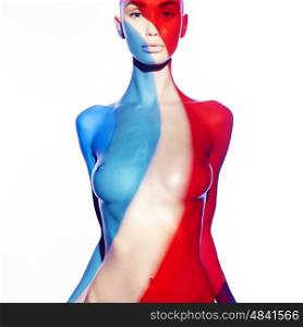 Fashion art studio photo of elegant naked lady with color shadows on her body