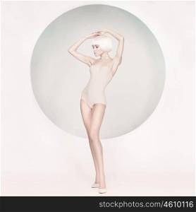 Fashion art studio photo of elegant sensual woman on geometric background