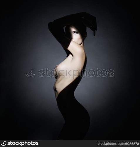 Fashion art studio portrait of elegant naked lady with shadow on her body