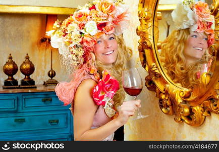 fashion baroque blond womand drinking red wine in grunge house