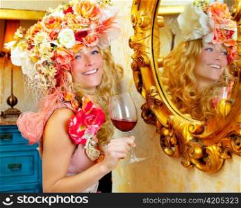 fashion baroque blond womand drinking red wine in grunge house