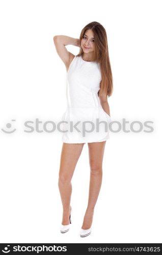 Fashion beautiful girl with modern white dress posing in studio, isolated on white