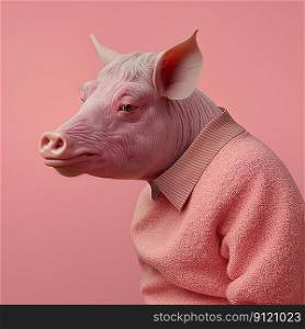 Fashion boar pig in suit. Pink monochrome portrait. Pop art modern style and lifestyle concept. Contemporary art, creative idea. Generative AI. Fashion boar pig in suit. Pink monochrome portrait. Generative AI