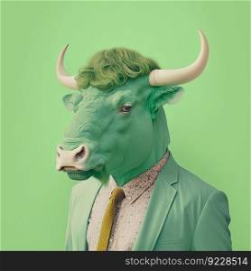 Fashion bull in stylish shirt and suit. Green monochrome portrait. Pop art modern style and lifestyle concept. Contemporary art, creative idea. Generative AI. Fashion bull in shirt and suit. Green monochrome portrait. Generative AI