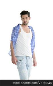 Fashion casual denim handsome man portrait blue jeans and shirt over white